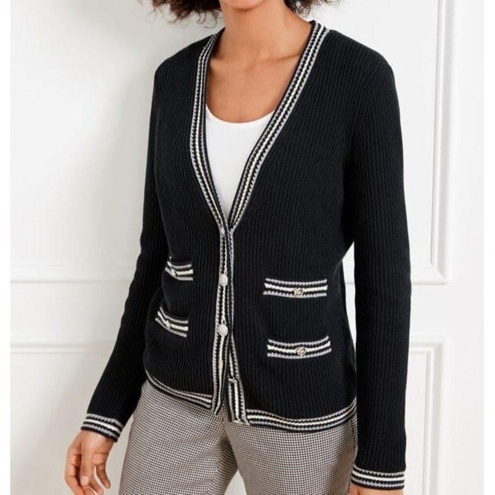 Talbots Cardigan Sweater Women Medium Petite Black Ribbed Knit Contrast Trim